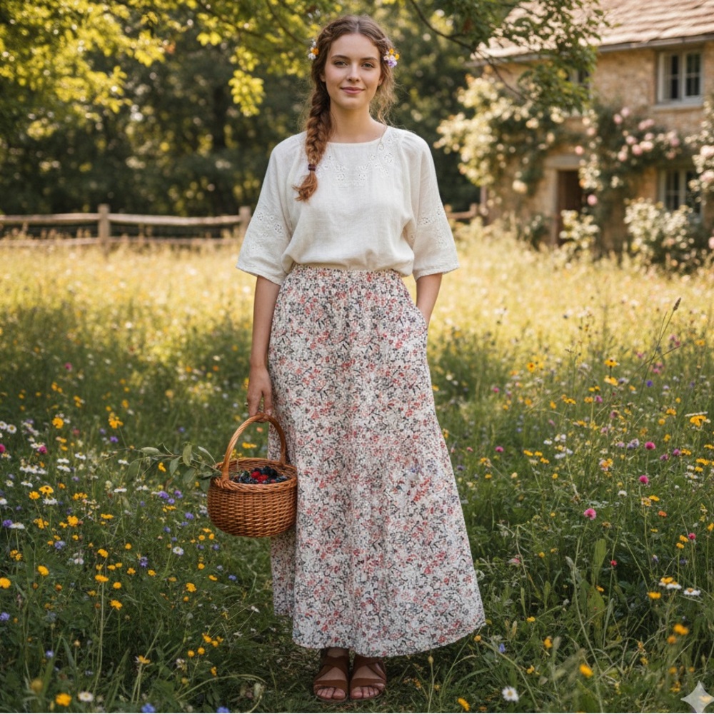 Loramendi Ditsy Floral Tiered Cottagecore Pockets Boho Pull On Maxi Skirt Sz L
